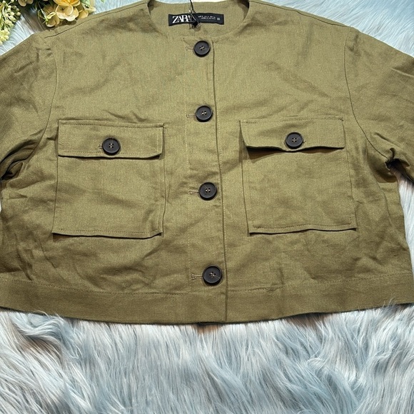 NWT Zara Cropped Linen Blend Jacket with Contrast Cuffs Sz S - Picture 7 of 9